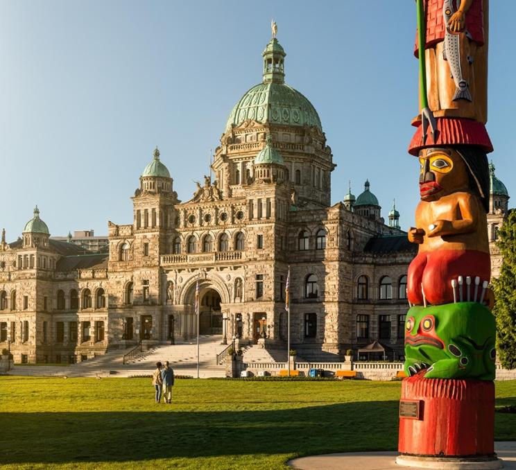 The BC Parliament Buildings along Victoria, BC's Inner Harbour