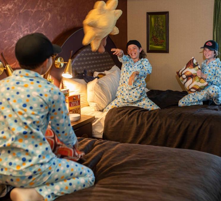 Kids have a pillow fight at Hotel Zed in Victoria, BC