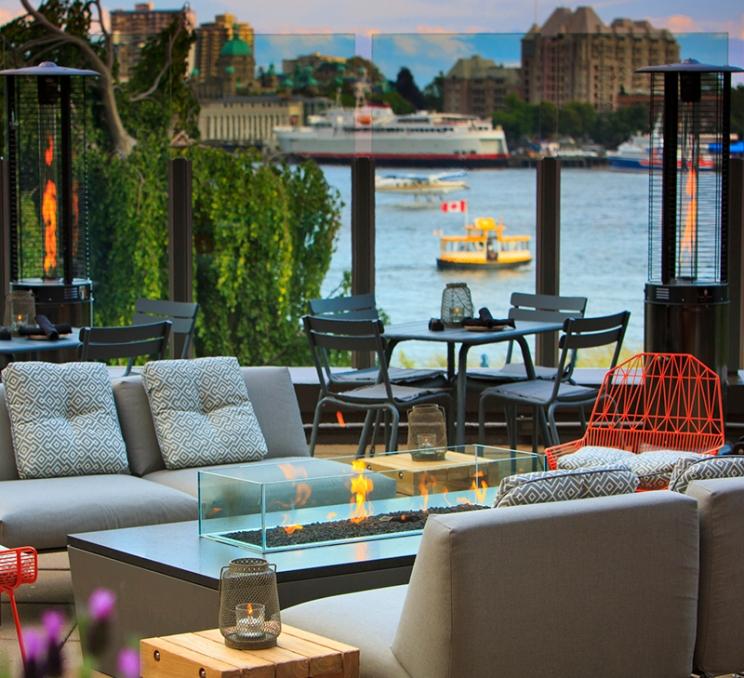 The patio at Lure Restaurant + Bar on the Inner Harbour in Victoria, BC