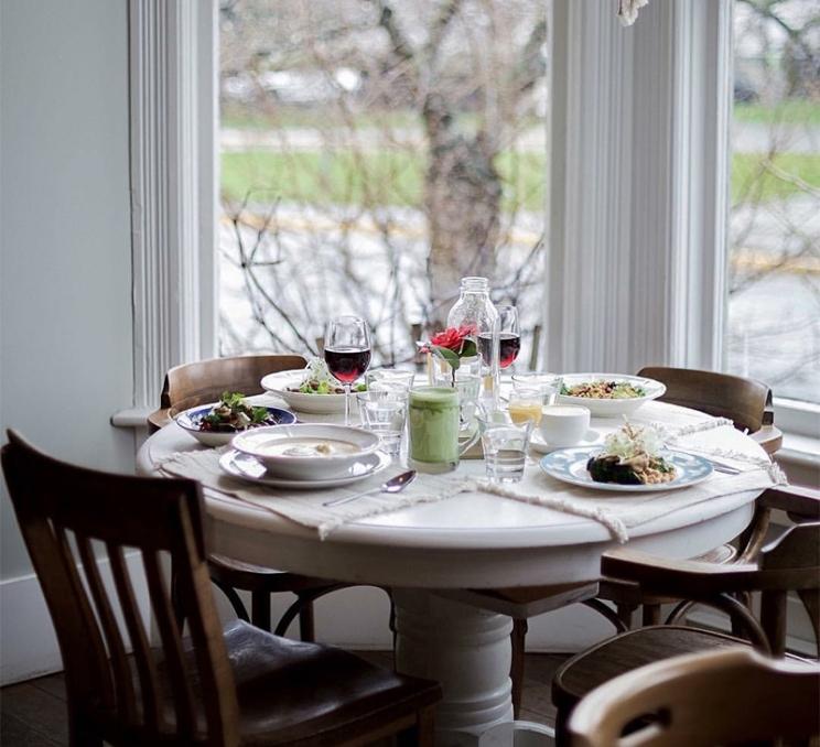 A meal set-up at a window-side table at Nourish Kitchen & Cafe in Victoria, BC