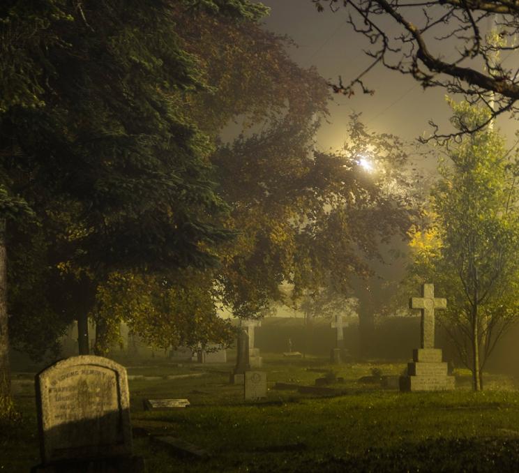 A foggy night at Ross Bay Cemetery in Victoria, BC