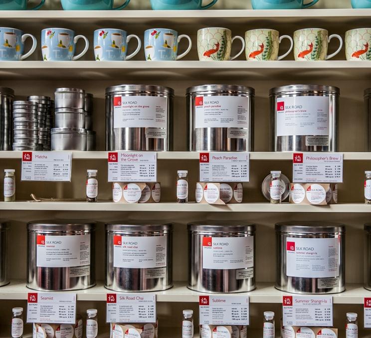 An assortment of teas, tea cups, and tea pots at Silk Road Tea in Victoria, BC