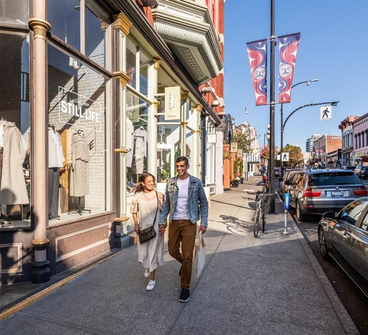 A couple shops along Lower Johnson Street in Victoria, BC