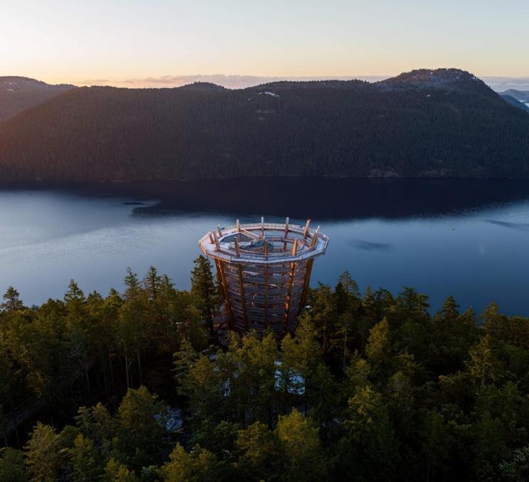 An aerial view of the Malahat SkyWalk as it overlooks the Saanich Peninsula and Finlayson Arm in Victoria, BC