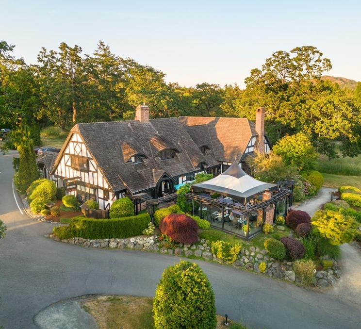 An aerial view of Fireside Grill, nestled in a Gary Oak meadow, in Victoria, BC