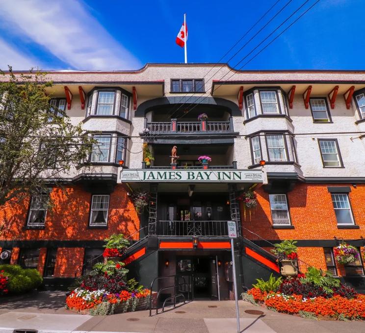 An exterior view of the James Bay Inn in Victoria, BC