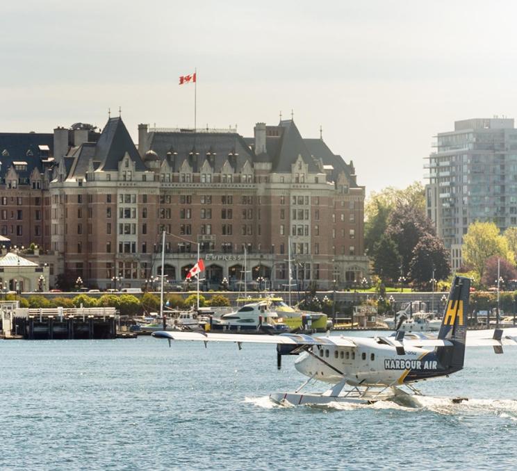 A Harbour Air Seaplanes Flight lands in Victoria, BC