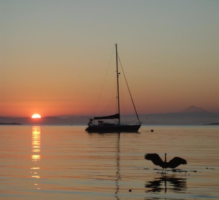 A sunrises at Willows Beach silhouetting a sailboat in Victoria, BC