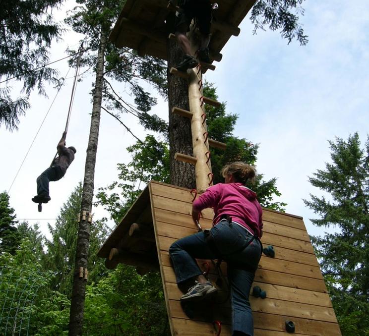 People tackle a treetop obstacle course at WildPlay Elements Park in Victoria, BC