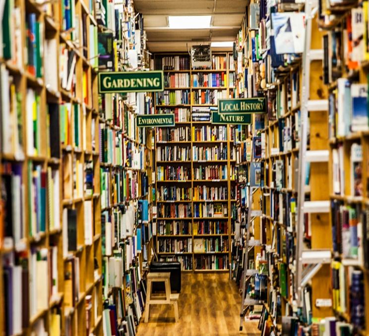 An aisle of books at Russell Books in Victoria, BC