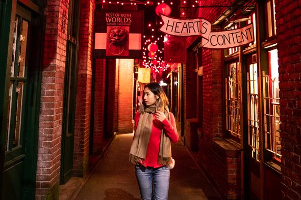 A woman wandering through Fan Tan Alley