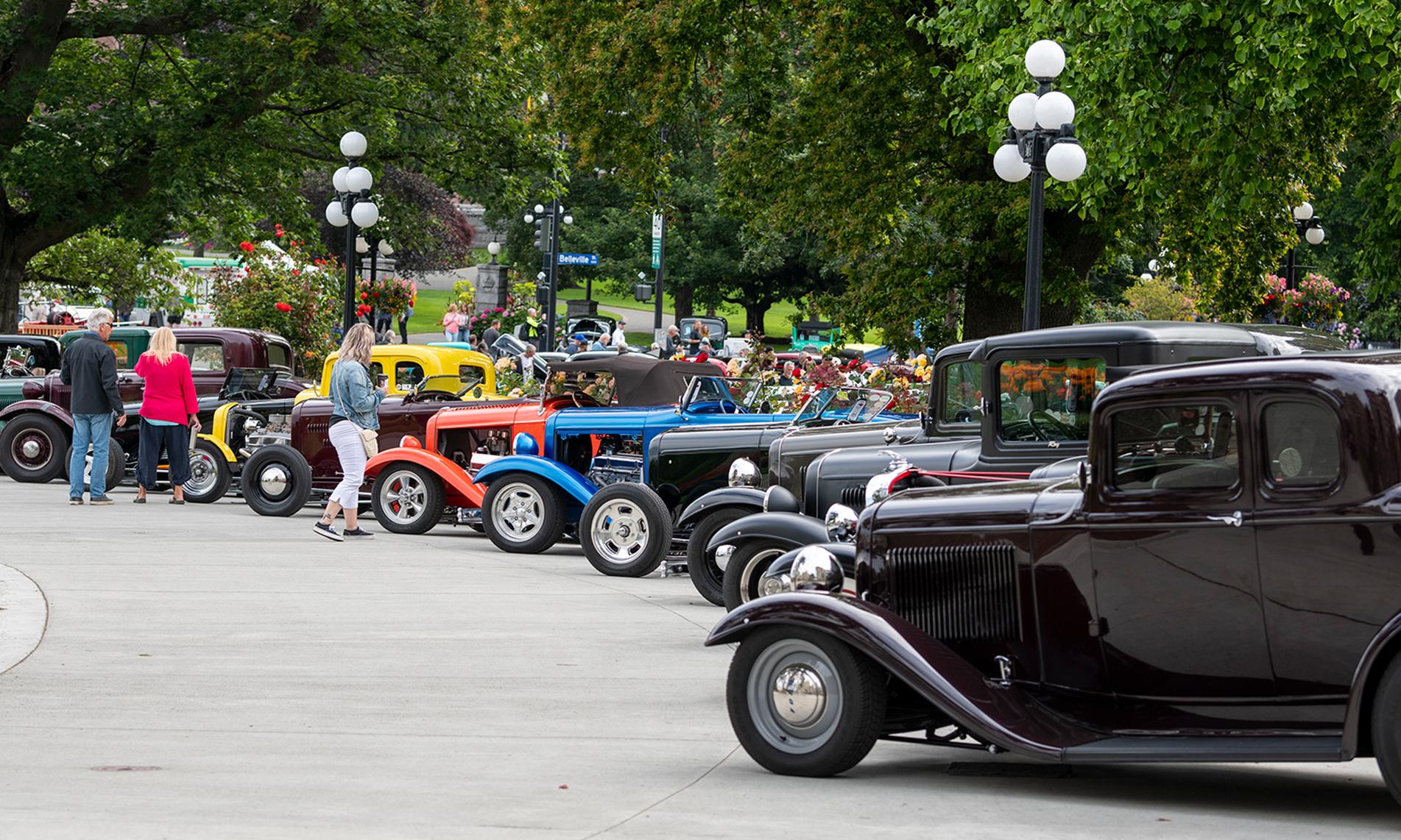 A row of deuce coups lines the streets of Victoria, BC