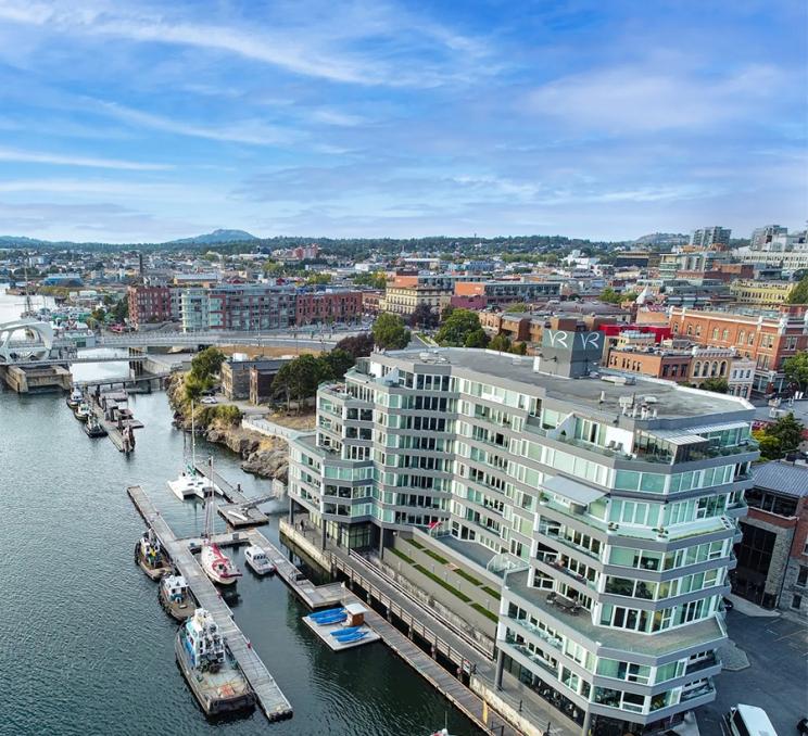 An aerial view of the Victoria Regent Waterfront Hotel & Suites in Victoria, BC