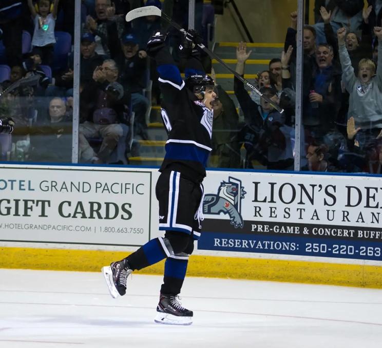 A Victoria Royals player celebrates scoring a goal in Victoria, BC