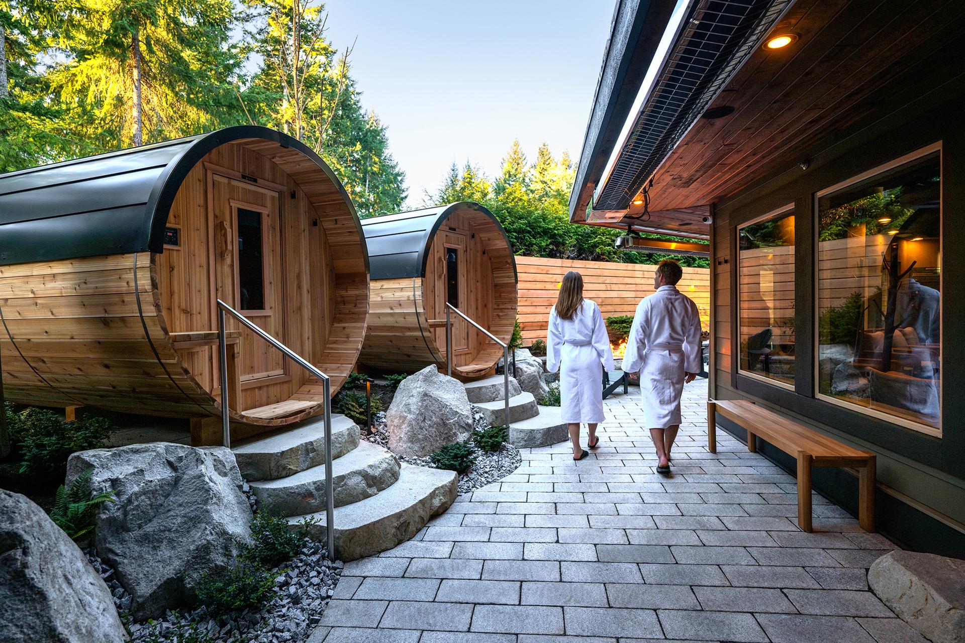 2hr wellness journey with new cedar barrel saunas, mineral pool, whirlpool, waterfalls and indoor/outdoor showers.