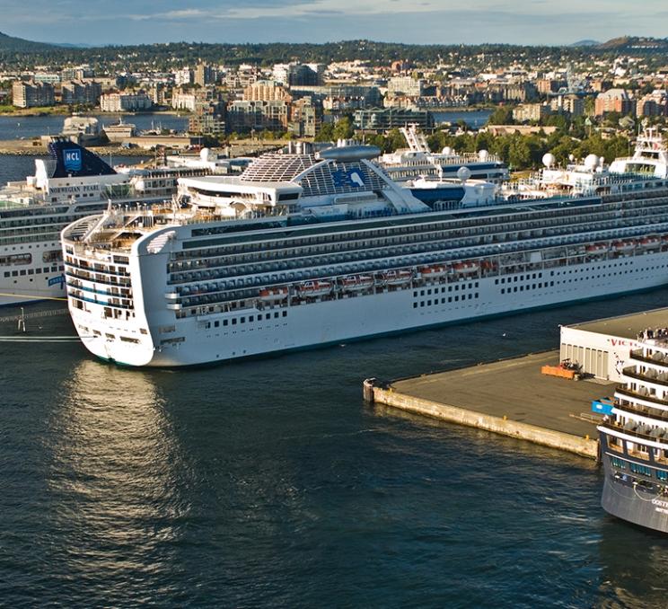 Cruise ships docked at Victoria's cruise ship terminal. Victoria, BC.