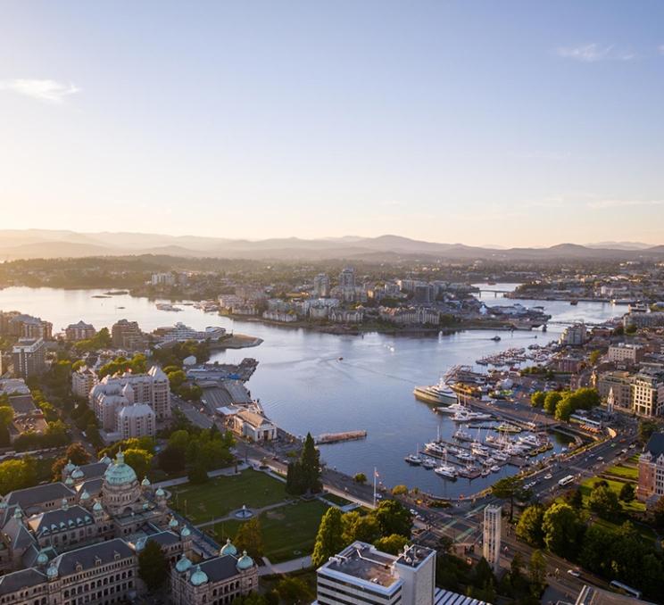 An ariel view of downtown Victoria and its Inner Harbour