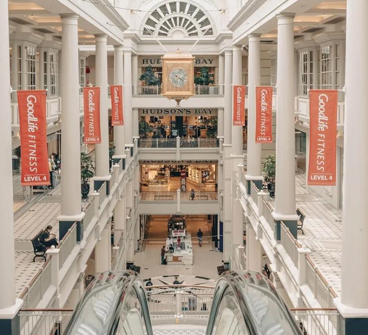 A view down the escalator from the top floor of The Bay Centre in Victoria, BC