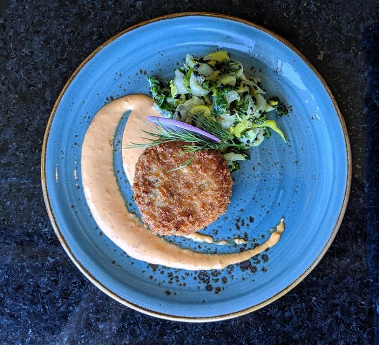 A crab cake at Blue Crab Seafood House in Victoria, BC