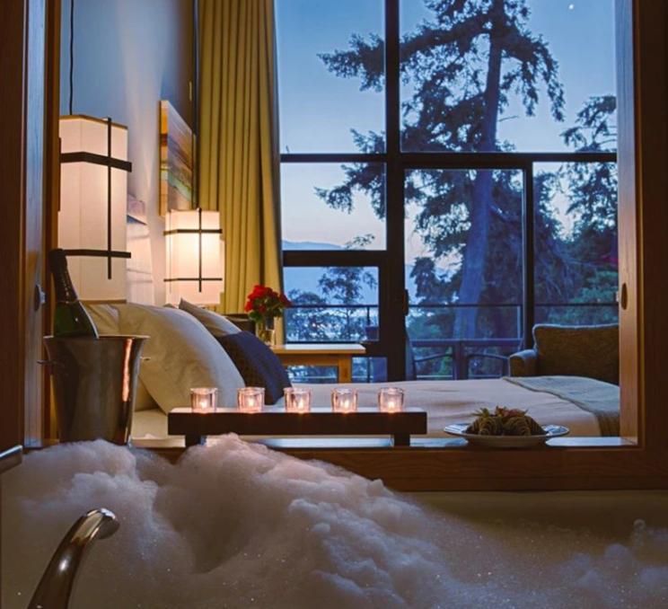 A view from the soaker tub into a room at the Brentwood Bay Resort in Victoria, BC