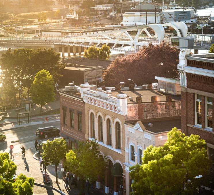 An aerial view of Yates Street in Victoria, BC