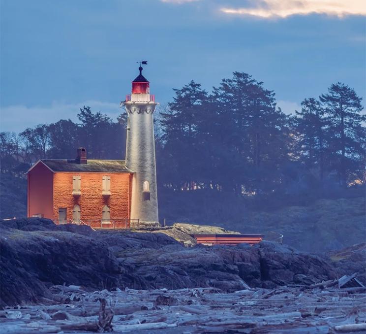 A view of Fisgard Lighthouse at dusk in Victoria, BC