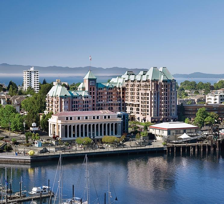 An aerial view of the Hotel Grand Pacific, on Victoria, BC's Inner Harbour