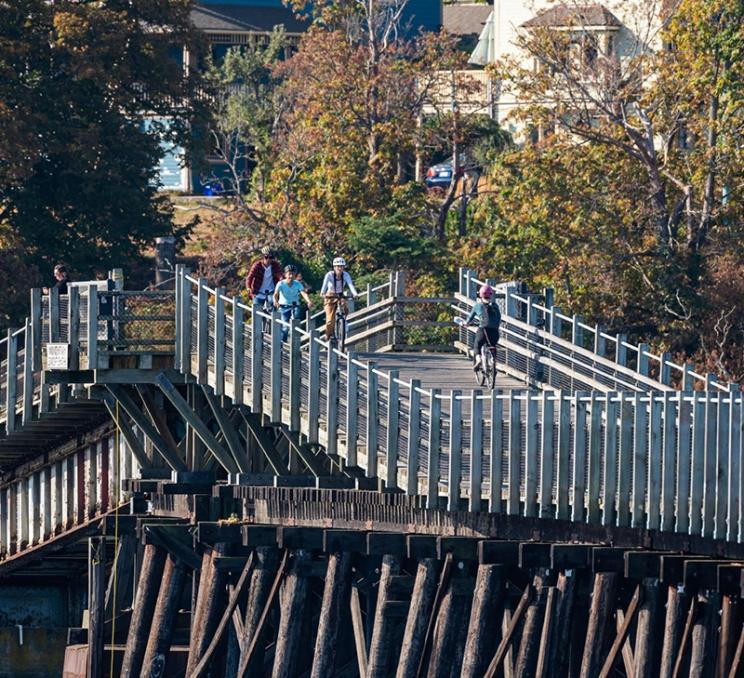 A group of cyclists ride along the Selkirk Trestle on the Lochside Regional Trail in Victoria, BC