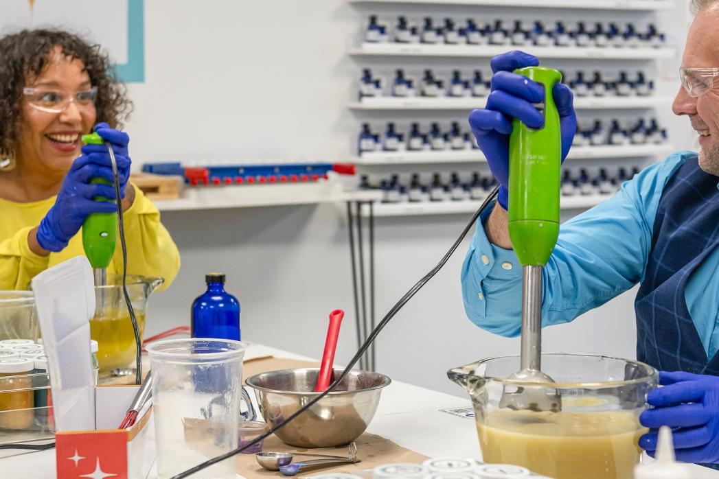 A couple makes soap at Starlite Soap Studio in Victoria, BC