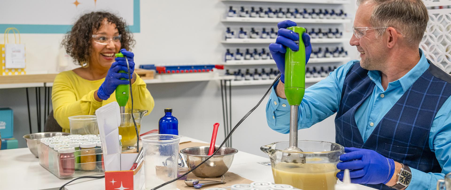 A couple makes soap at Starlite Soap Studio in Victoria, BC