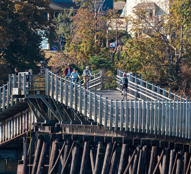 A group of cyclists ride down the Selkirk trestle in Victoria, BC