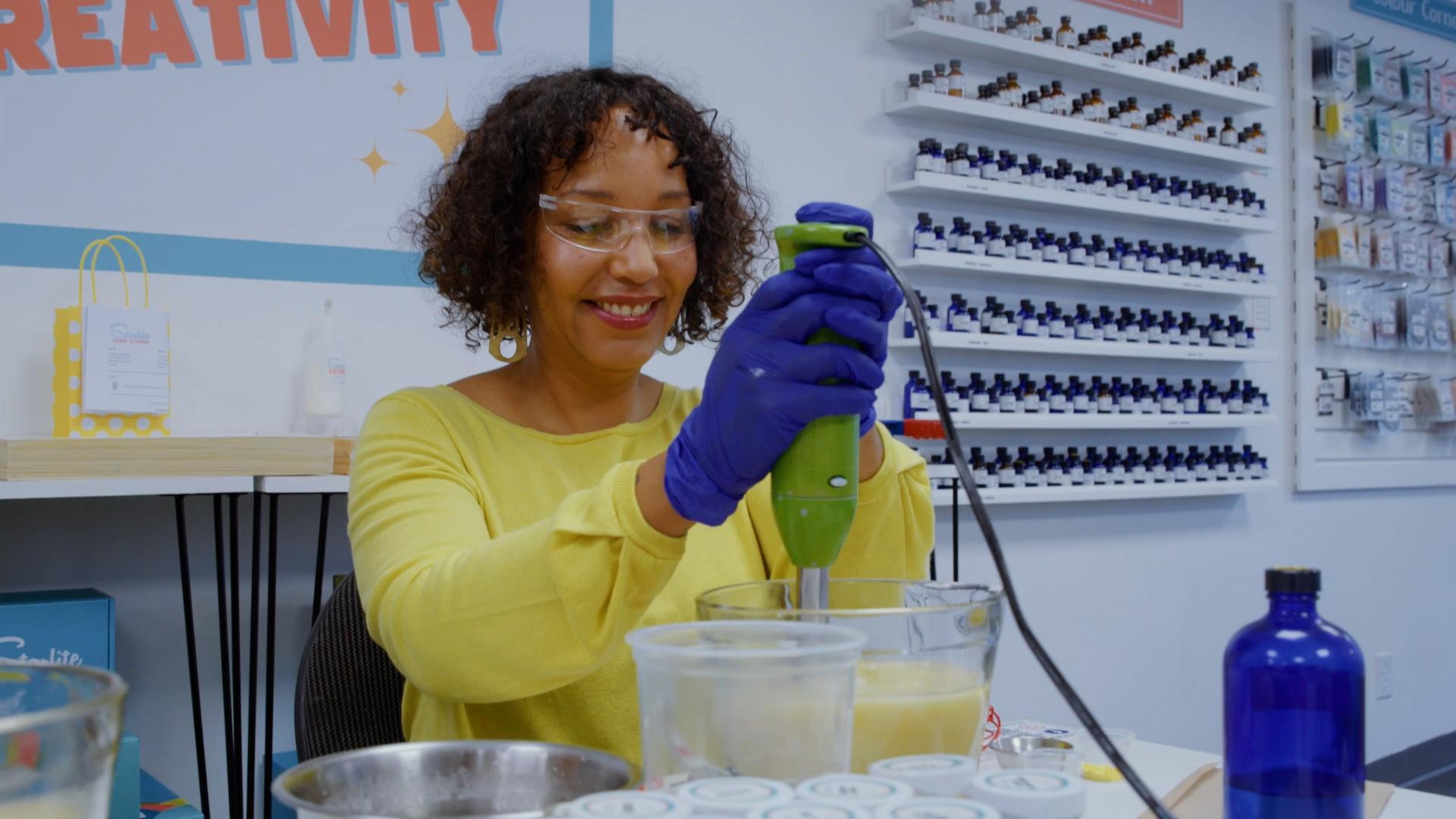 A woman creates soap at Starlite Soap Studio in Victoria, BC