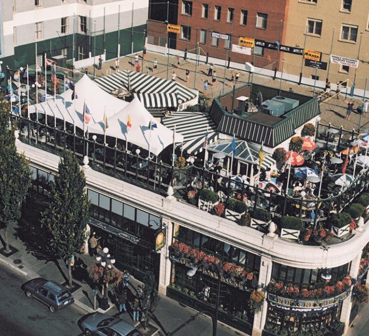 An aerial view of the Sticky Wicket and Strathcona Hotel in Victoria, BC