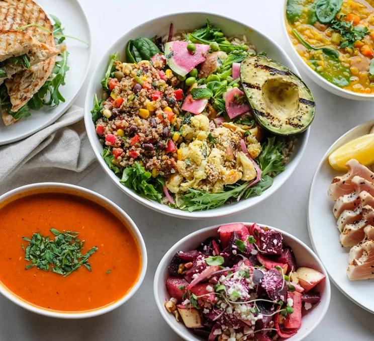 A spread of food at Tractor Everyday Healthy Foods in Victoria, BC