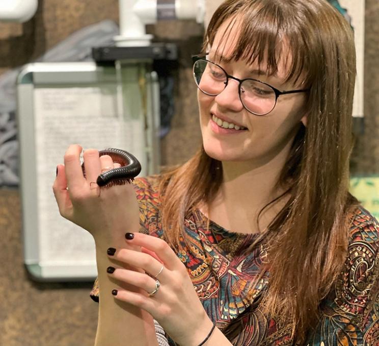 A woman handles a bug at the Victoria Bug Zoo Inc. in Victoria, BC