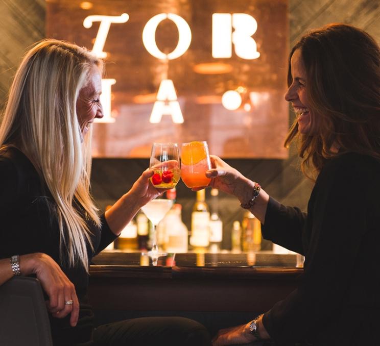 Two women toast at Victoria Distillers in Victoria, BC