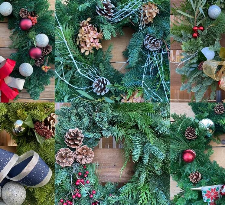 A collection of wreaths from a wreath making workshop in Victoria, BC