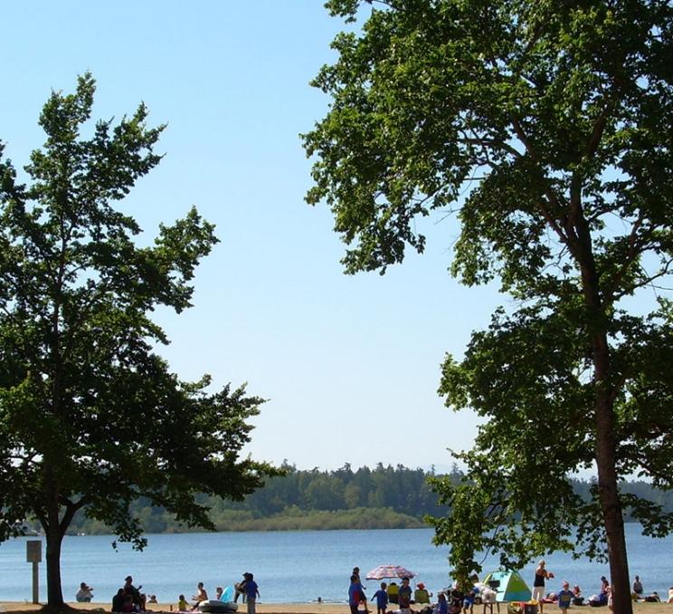 A view of a beach at Elk/Beaver Lake Regional Park in Victoria, BC