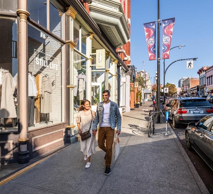 A couple shops along Lower Johnson Street in Victoria, BC