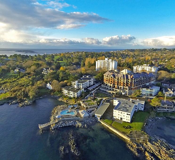 An aerial view of the Oak Bay Beach Hotel in Victoria, BC