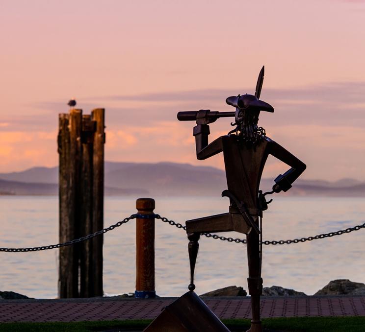 A sculpture of a pirate along the Sidney waterfront in Greater Victoria, BC