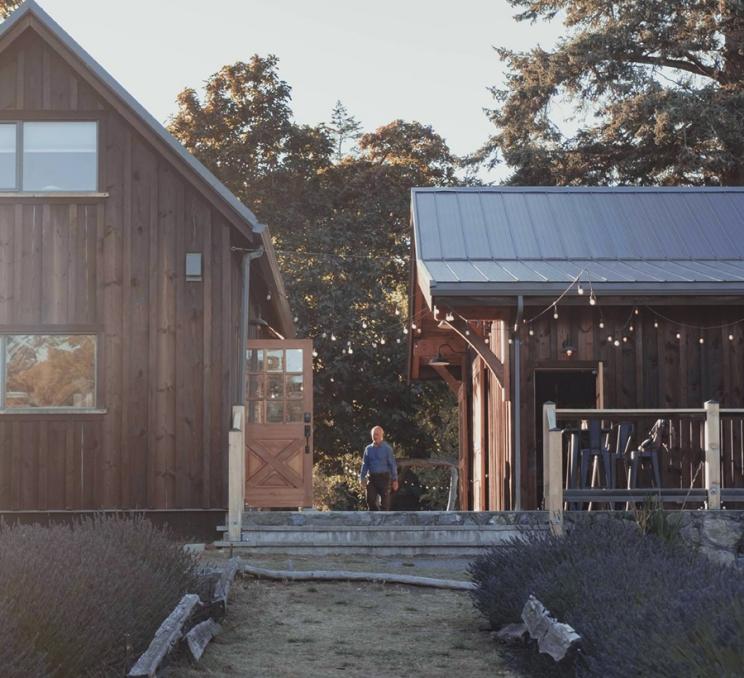 A view of the farmhouse at Bilston Creek Farm a lavender farm in Victoria, BC