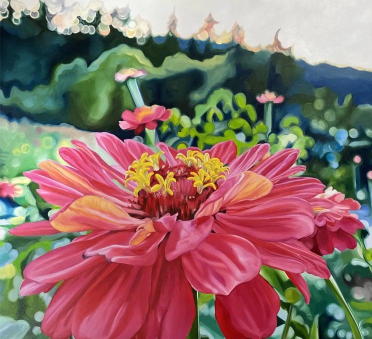 A painting of a pink flower in a Saanich garden in Greater Victoria, BC on display at the Hills to Shore Artists Studio Tour